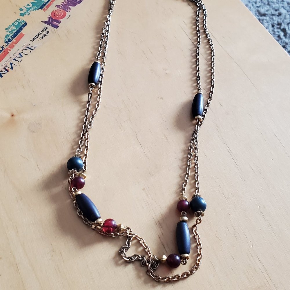 26" Gold Tone Long Layered Necklace Color Beads